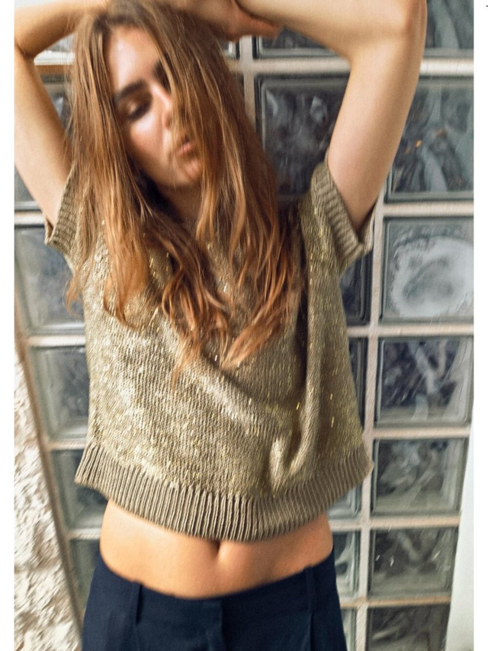 Zara gold sequin knit top size XS